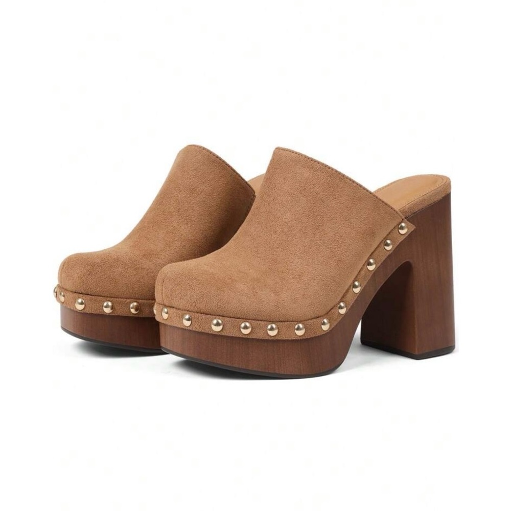 Tan studded platform clog heels faux suede • new!